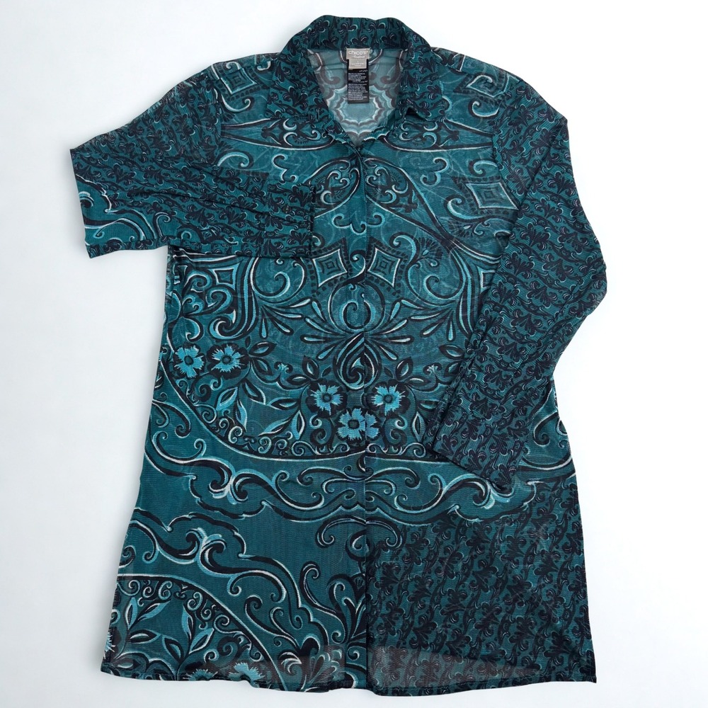 Chico's Travelers Button Down Sheer Tunic Womens 1 8/10 Teal Black Beach Coastal